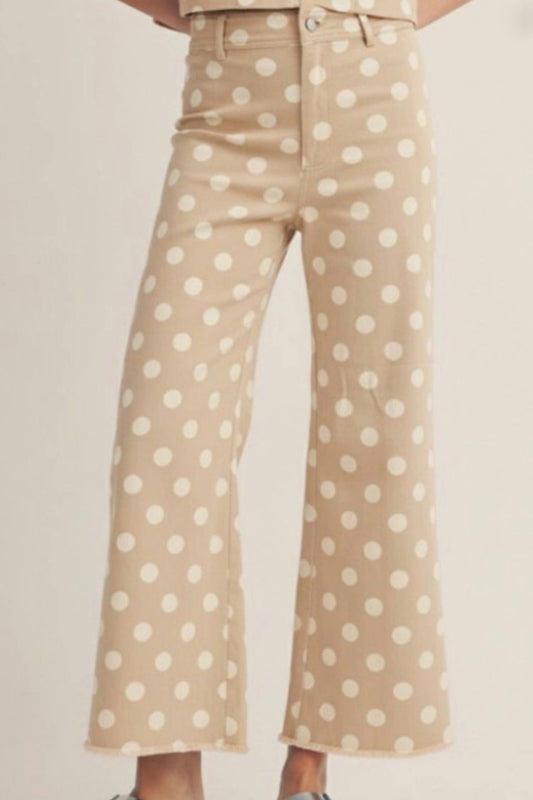 Khaki Polka Dot Frayed Edge Wide Leg High Waist Jeans