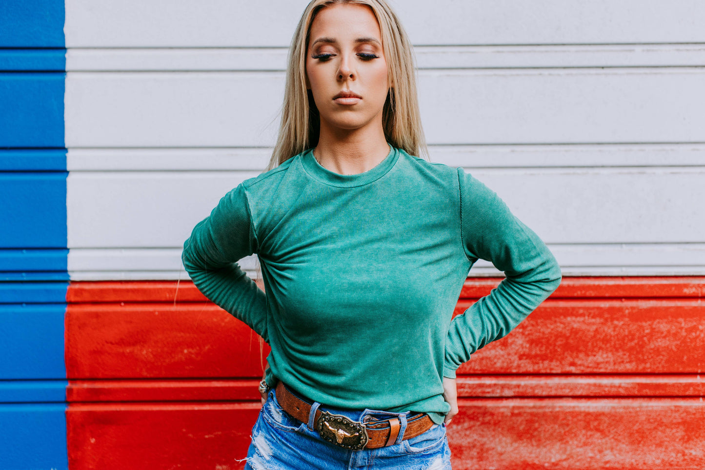 MK412 Acid Washed Ribbed LS Mock neck Top - Olive