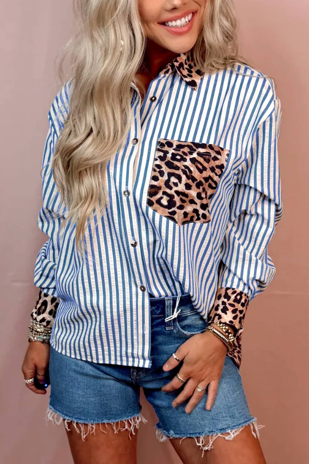 Spring 2026 Chic Contrast Leopard & Stripes Button Shirt