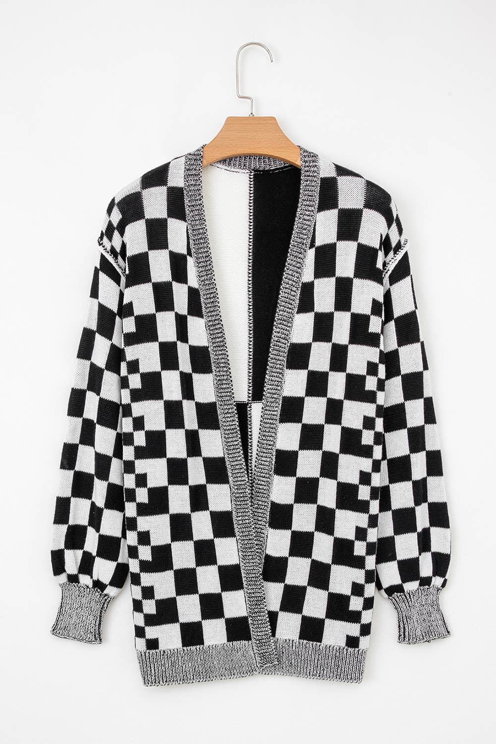 Checker Open Front Drop Shoulder Cardigan