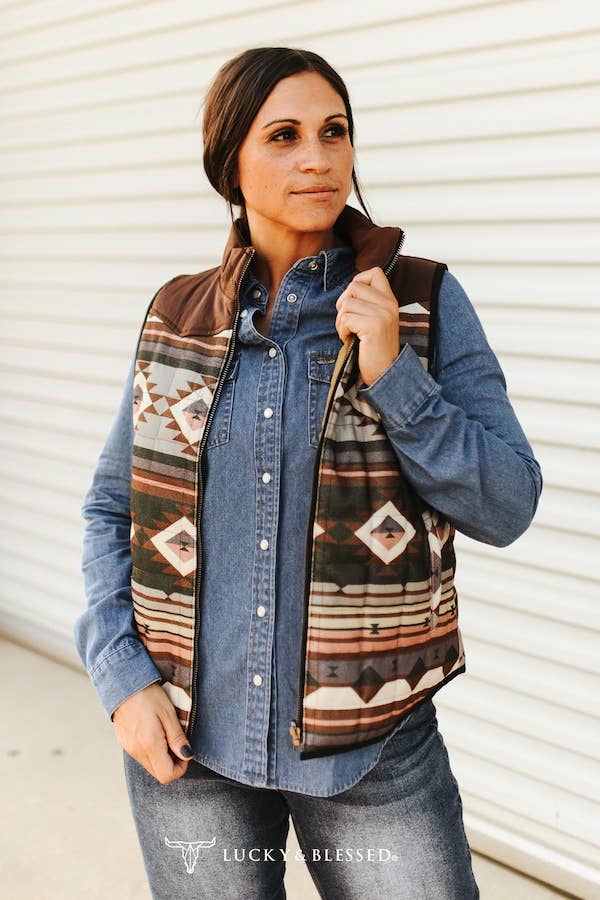 Multi Aztec Quilted Reversible Western Yoke Vest