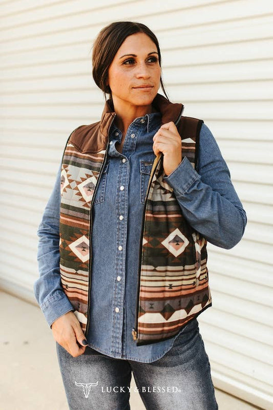 Multi Aztec Quilted Reversible Western Yoke Vest