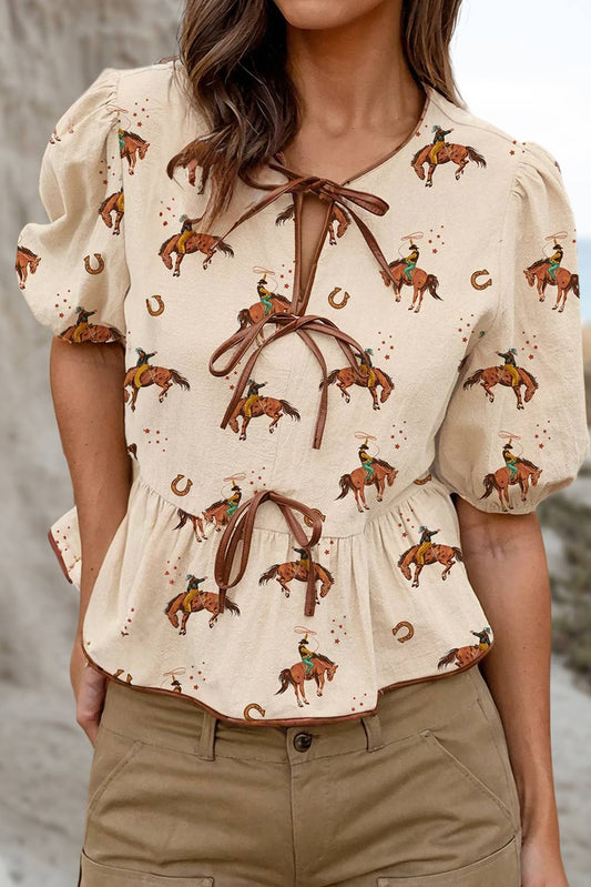 Cowboy Horse Print Bowknot Babydoll Blouse NEW | S-XL