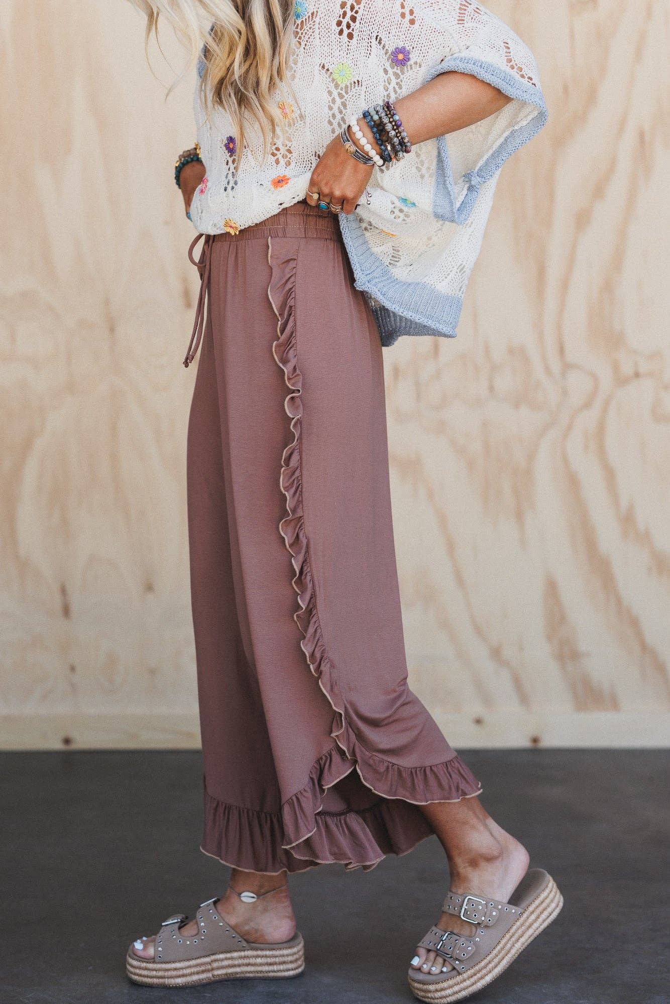 Saturdays Ruffle Wide Leg Pants - Dark Mocha