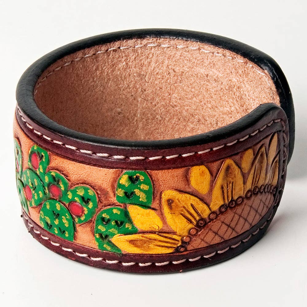 LC-ADBRF162 Prickly Pear Cactus Tooled Leather Cuff Bracelet - Handcrafted Western Jewelry