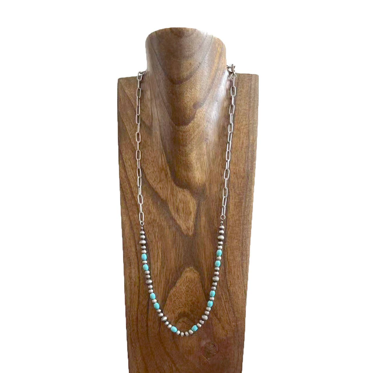 NKS250908-02-BLUE           28‘’ L  White TQ beads and Navajo pearl beads with silver metal paper clip chain Necklace
