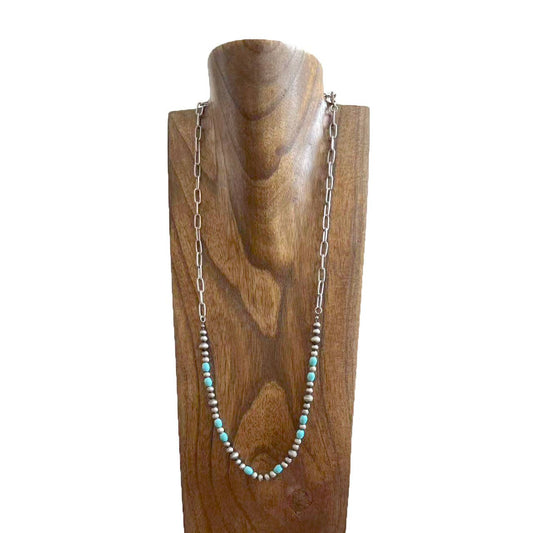NKS250908-02-BLUE           28‘’ L  White TQ beads and Navajo pearl beads with silver metal paper clip chain Necklace