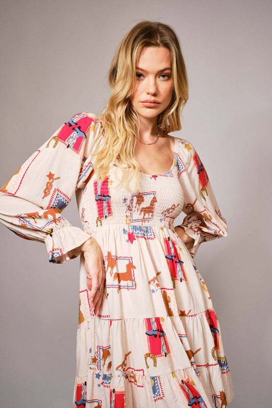 Western Motif Smocked Minidress