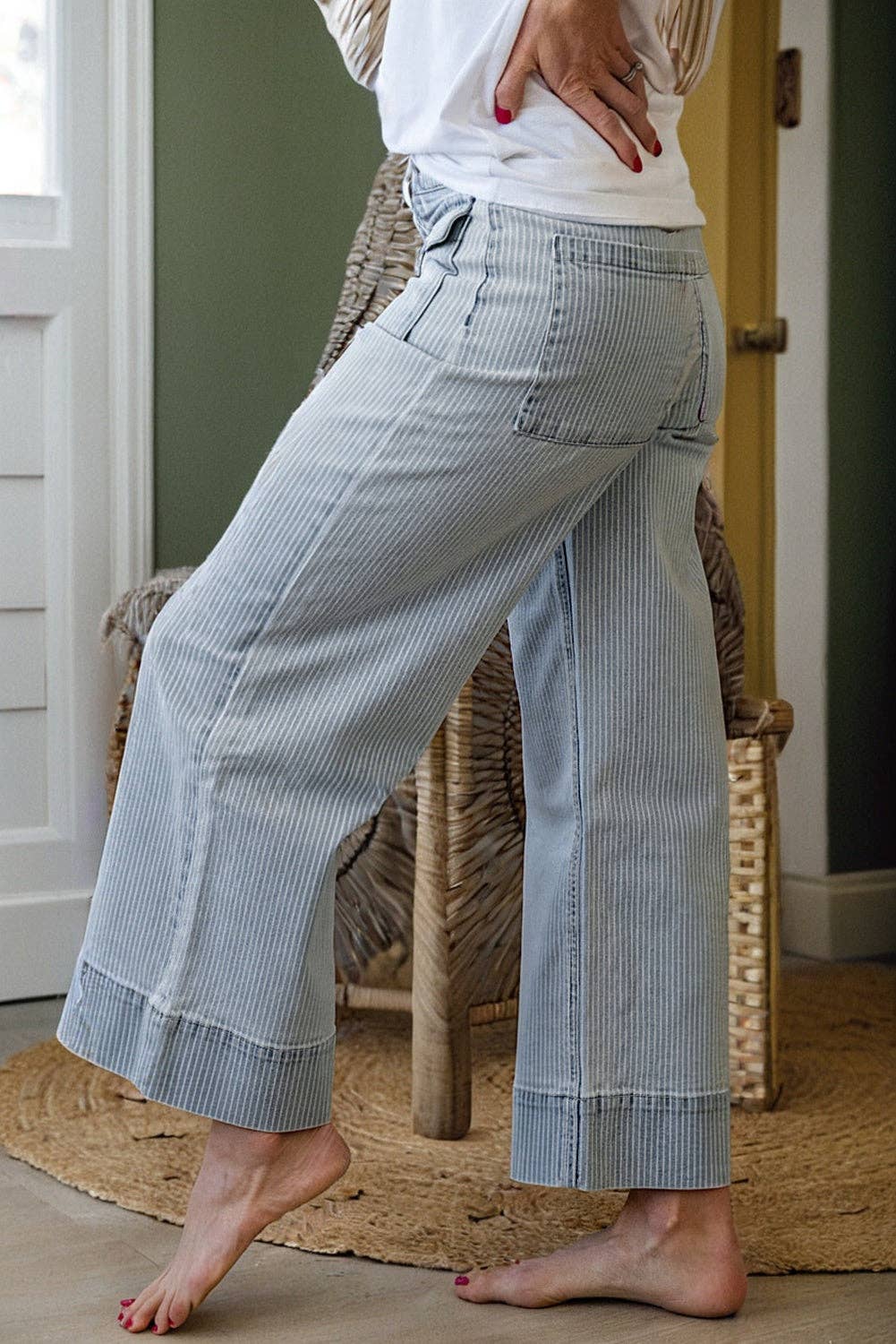 Stripe Denim Button Flap Pocket Cuffed Hem Jeans