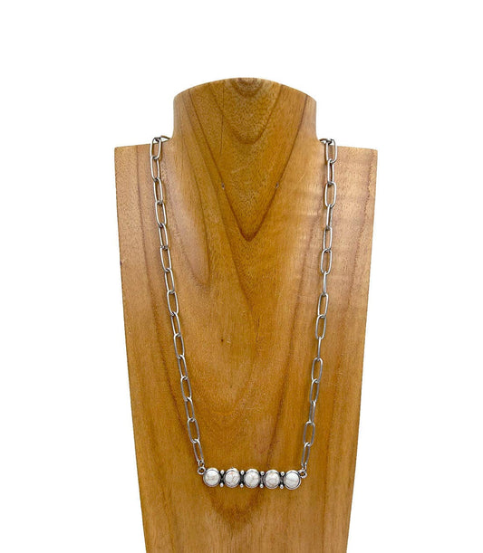 NKY241130-01-white                     Silver metal chain with green white stone bar Necklace