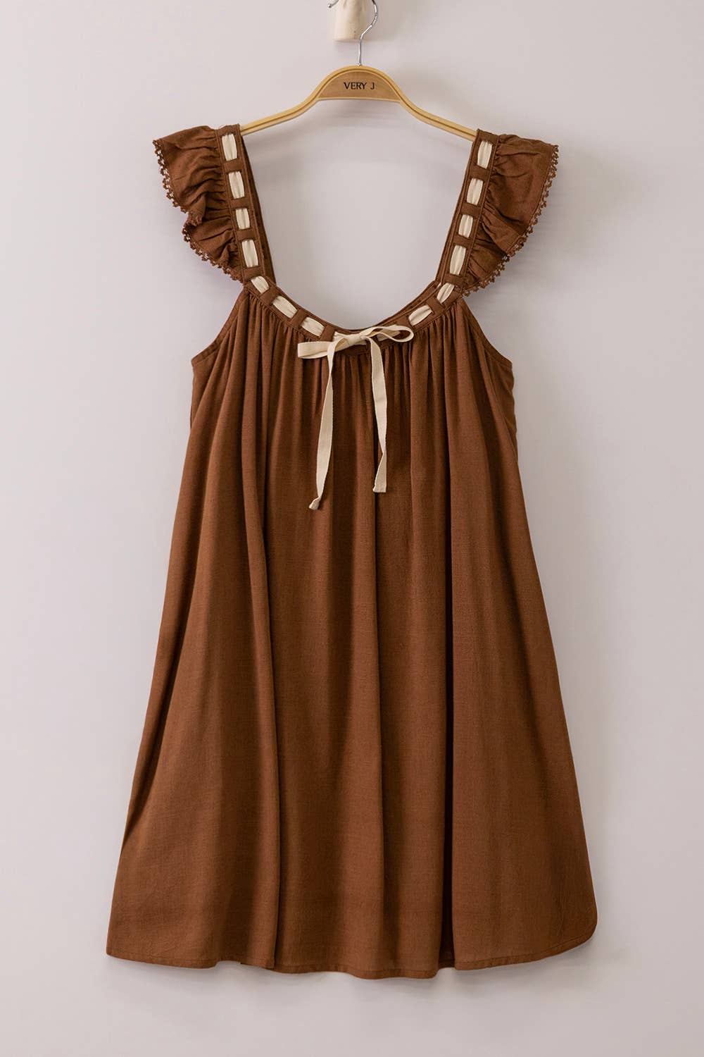 Chocolate Tie Ruffle Sleeve Mini Shift Dress