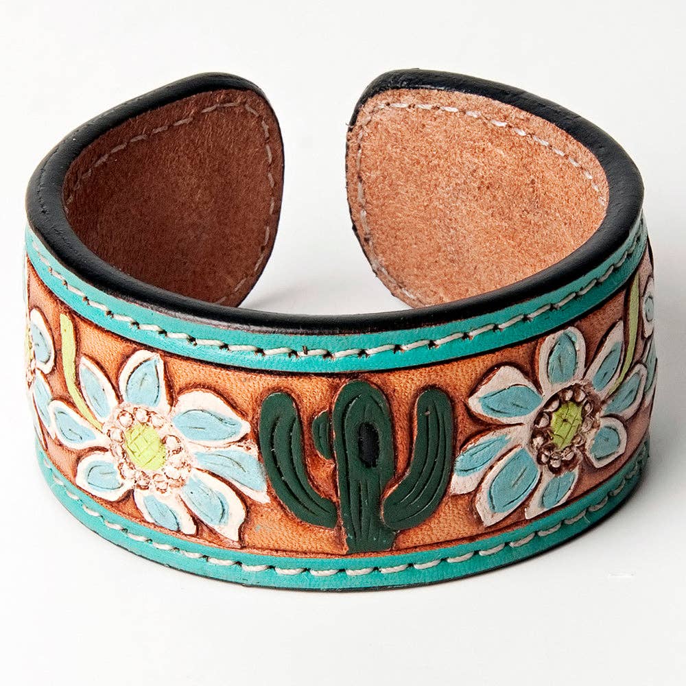 LC-ADBRF158 Turquoise Cactus & Flower Hand Tooled Leather Cuff Bracelet - Western Boho Style