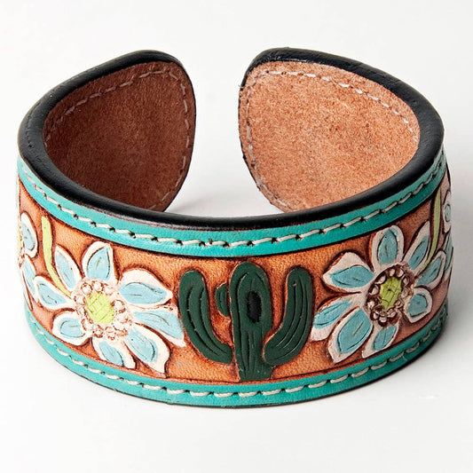 LC-ADBRF158 Turquoise Cactus & Flower Hand Tooled Leather Cuff Bracelet - Western Boho Style