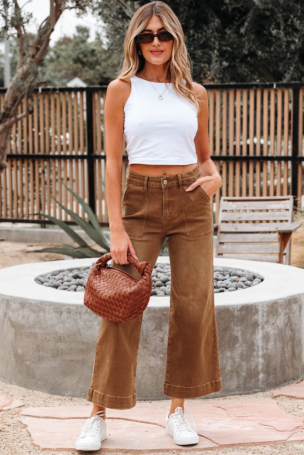 Caramel Denim High Rise Cropped Wide Leg Jeans