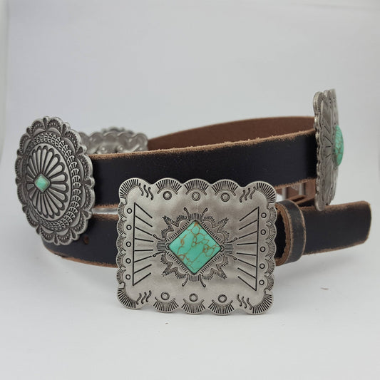 Western Genuine Distressed Leather belt Alternating Conchos