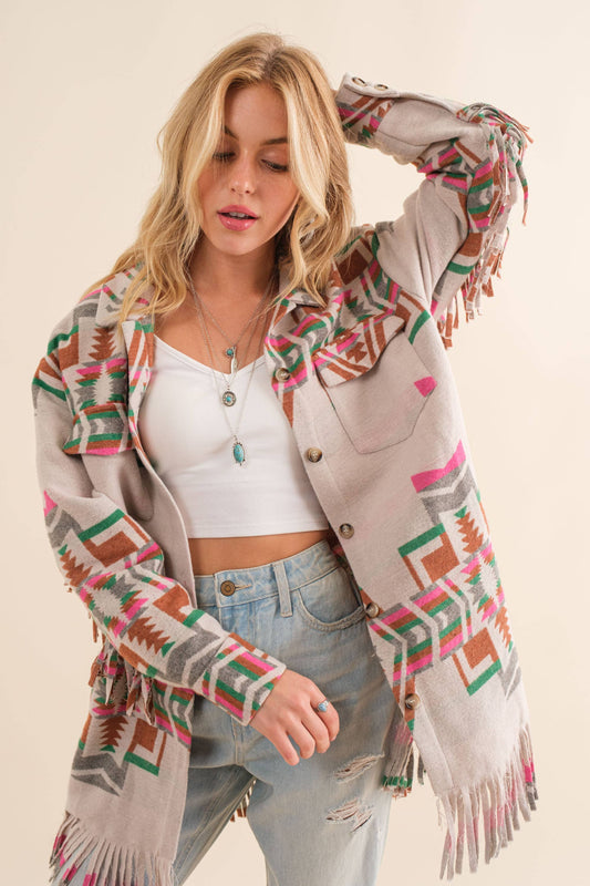 34200J - Blue B Exclusive Aztec Button Up Shirt Jacket