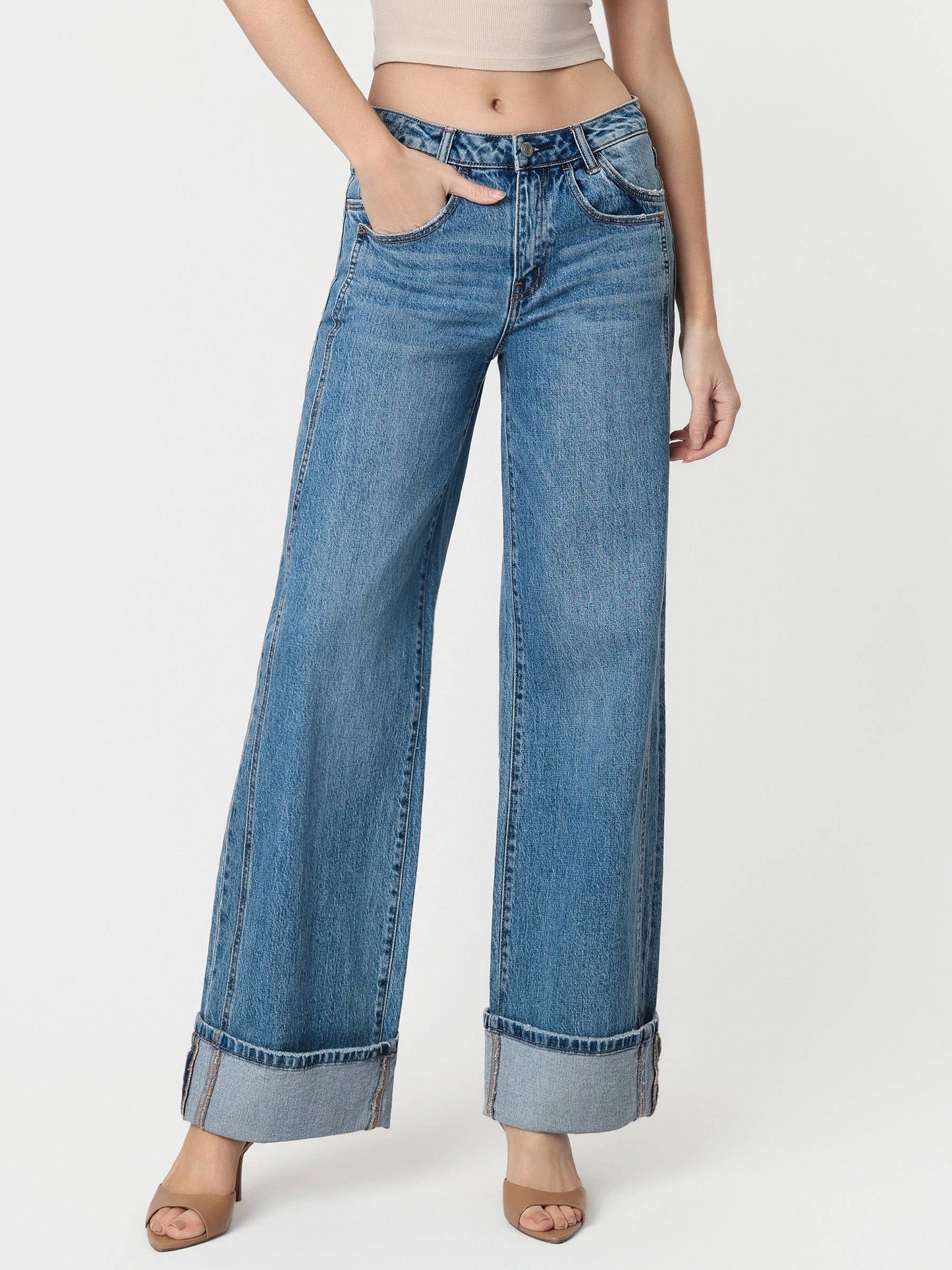 HIGH RISE CUFFED PANEL BAGGY WIDE JEANS T6645
