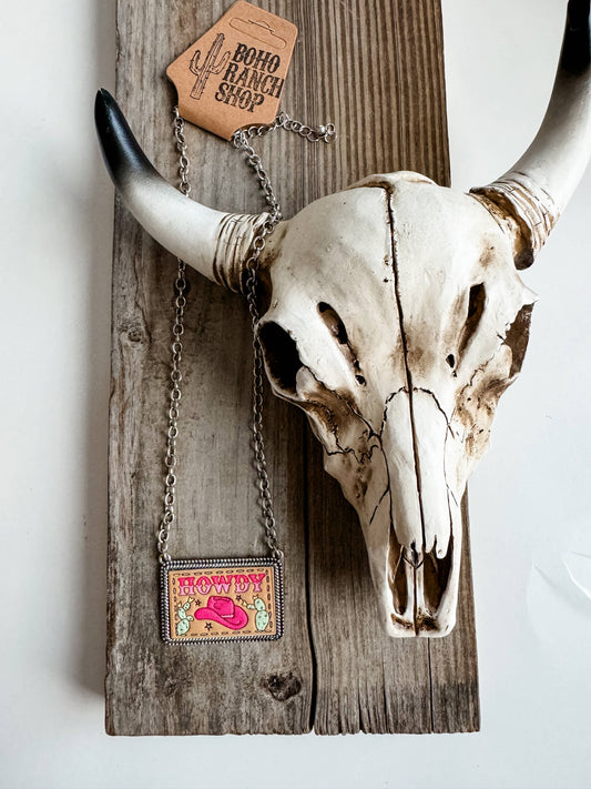Western Tooled Leather Necklace - Square Howdy | Oval Concho