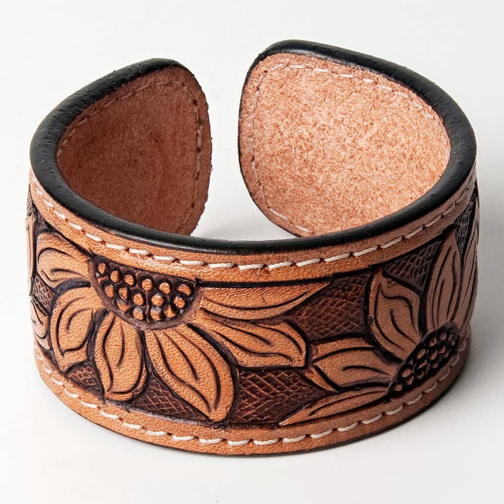 ADBRF156 Hand Tooled Leather Cuff Bracelet - Western Floral Design in Natural Tan