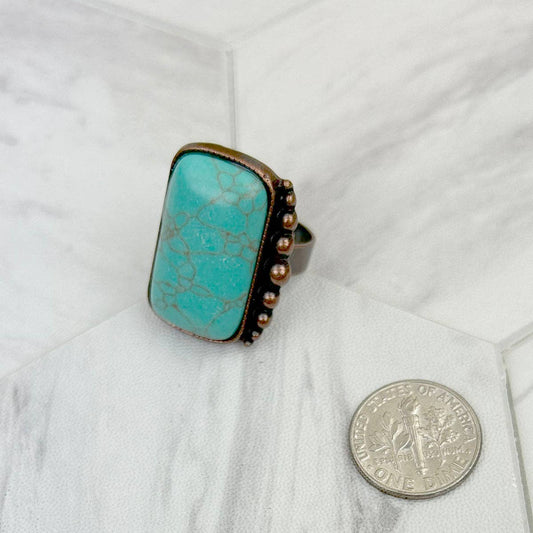 Copper metal with blue turquoise rectangle stone adjustable Ring