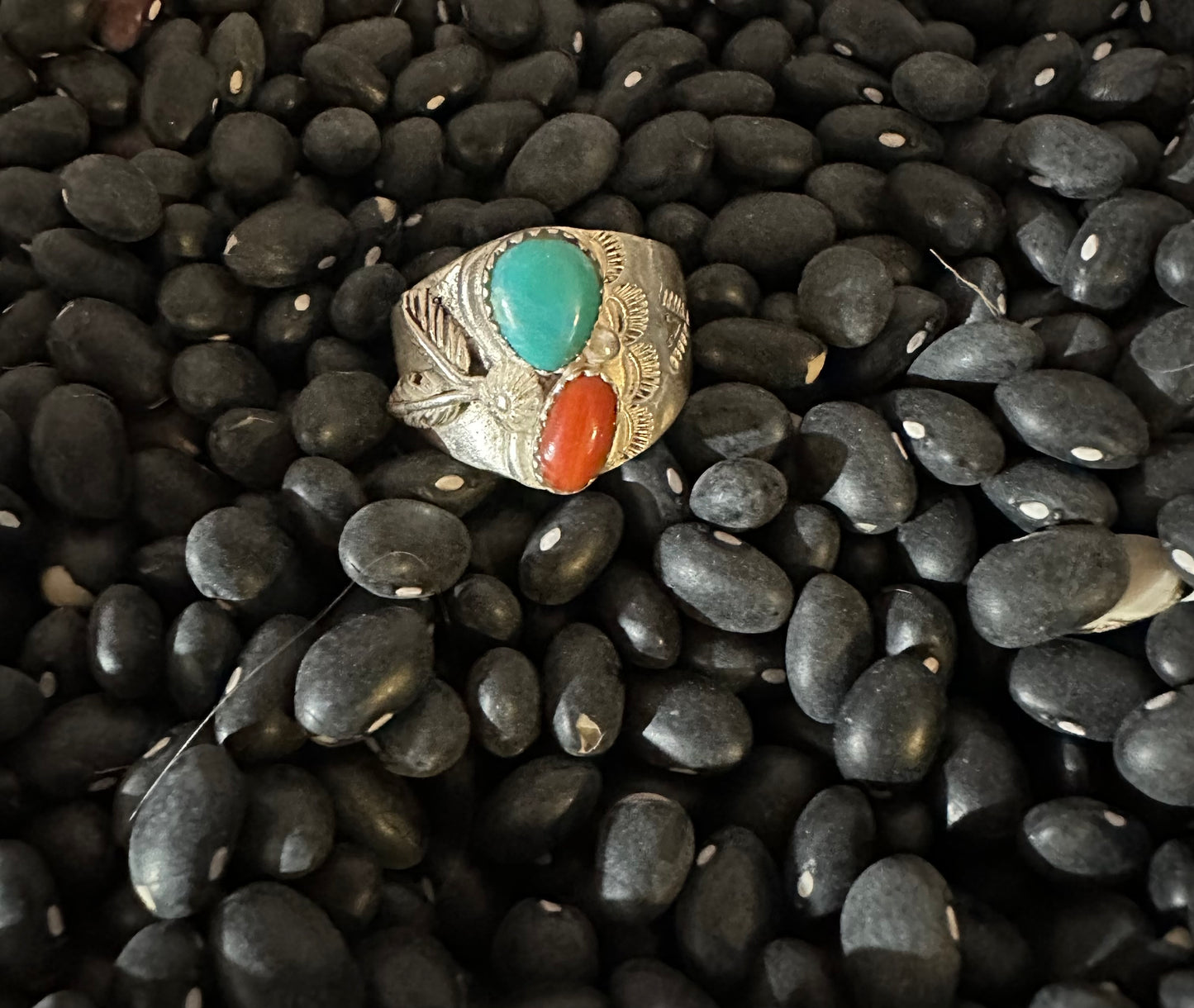 Unmarked Navajo Handmade .925 Turquoise and Coral Ring