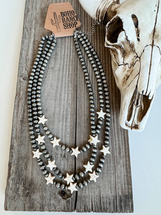 3 Layered Navajo Style Pearl with Star Stone Necklace