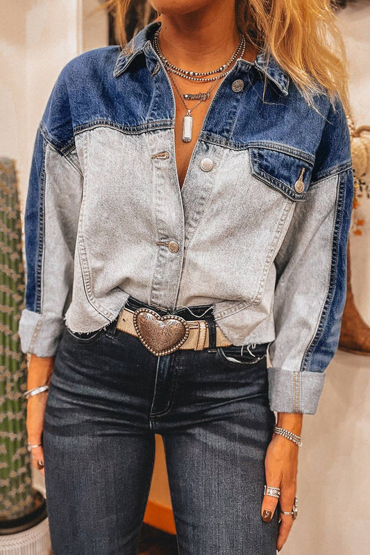 Denim Colorblock Buttoned Fall Jacket