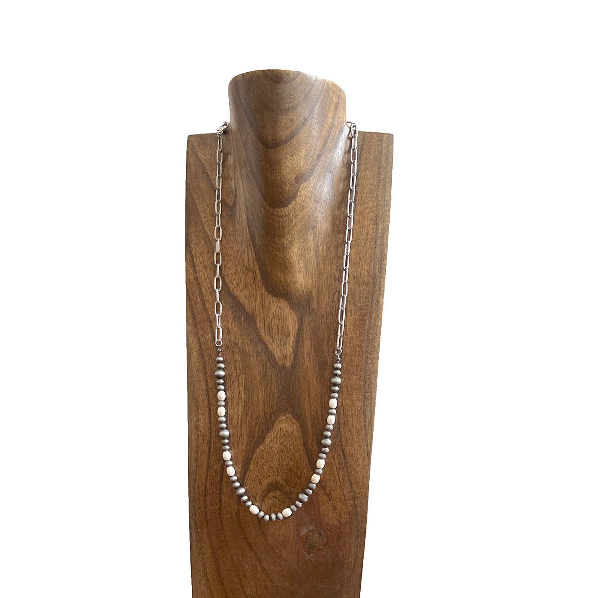 NKS250908-02-BLUE           28‘’ L  White TQ beads and Navajo pearl beads with silver metal paper clip chain Necklace