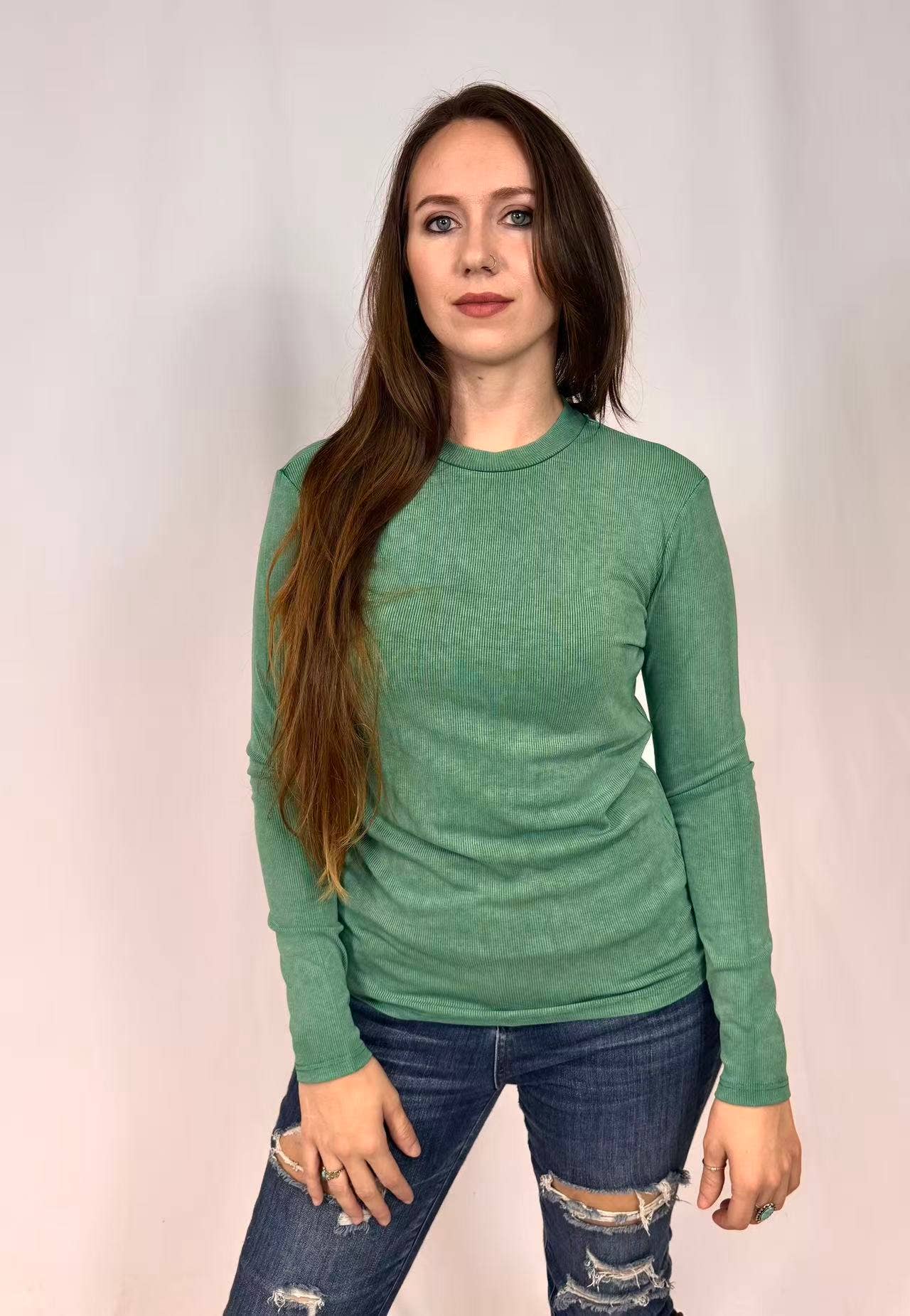 MK412 Acid Washed Ribbed LS Mock neck Top - Olive