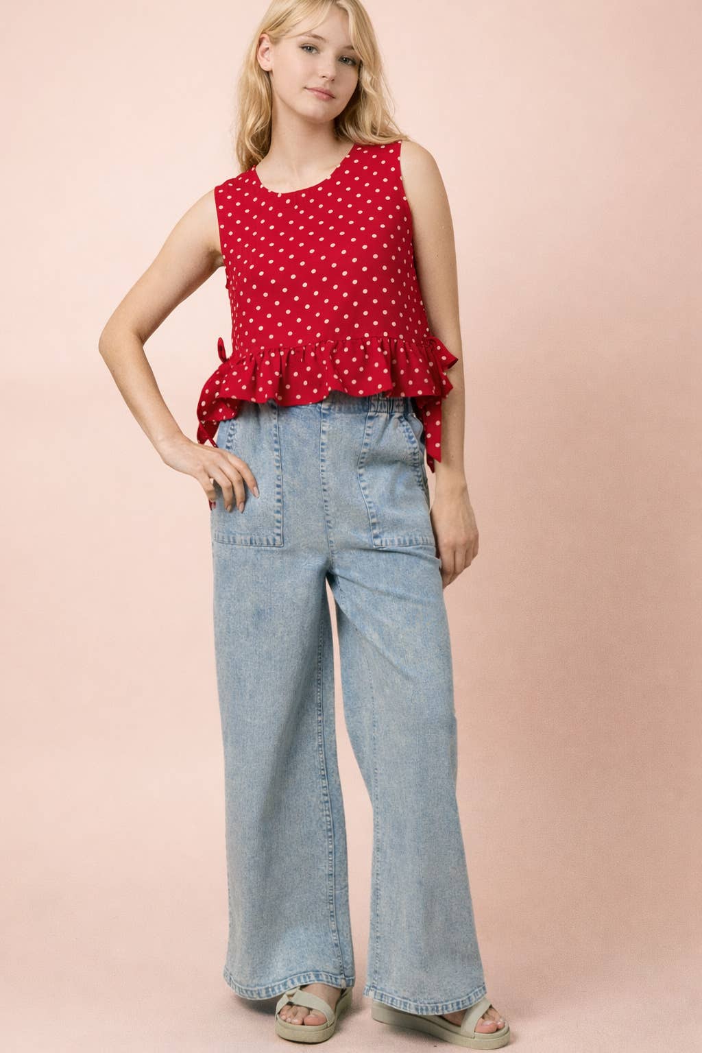 Side Tie Detail Red Ruffled Top
