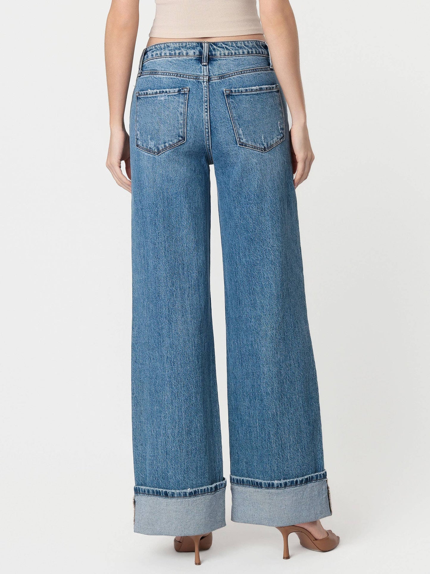 HIGH RISE CUFFED PANEL BAGGY WIDE JEANS T6645
