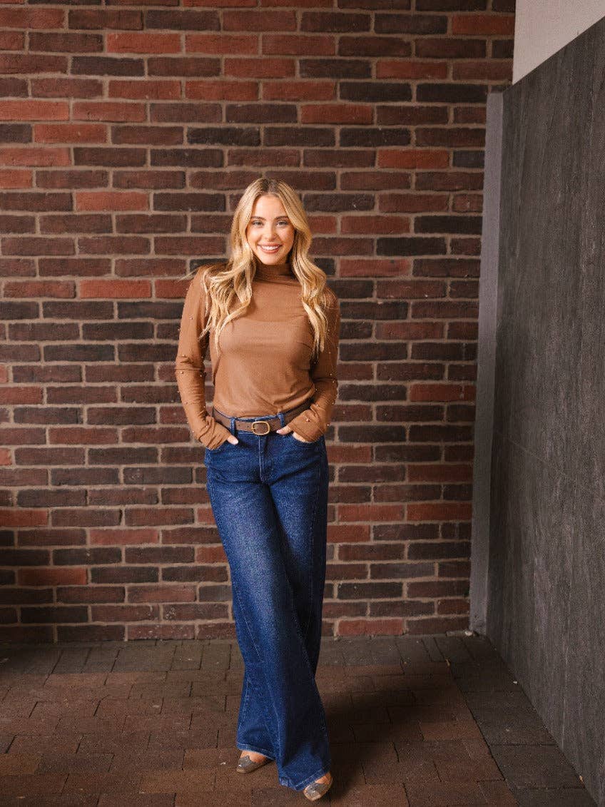 Mock Neck Mesh Top with Pearl Detail, Brown