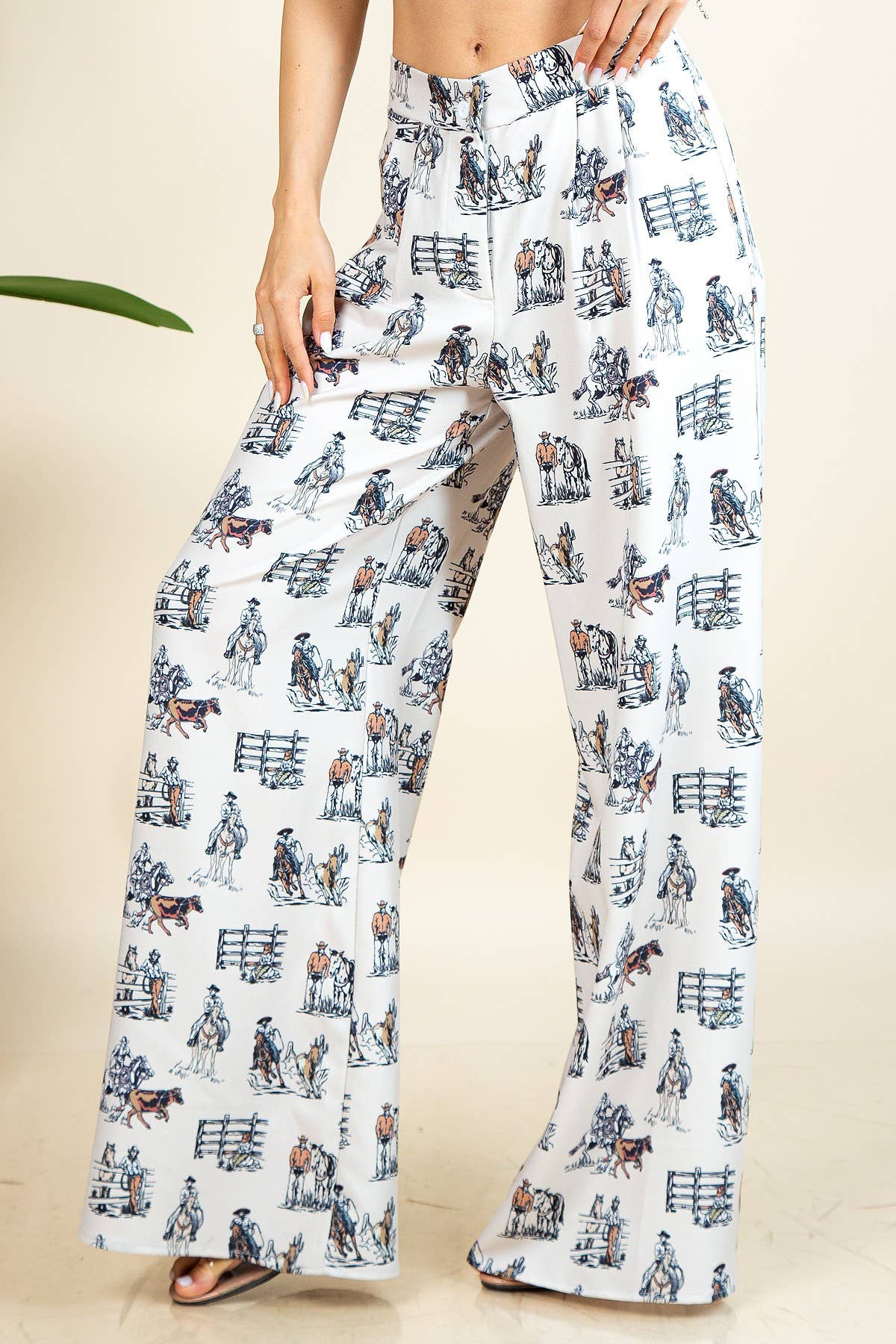 P1261-5308-Western Horse Farm Print Elastic Wide Pants