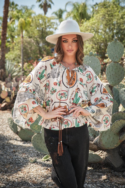33152T - Western Print Peasant Blouse