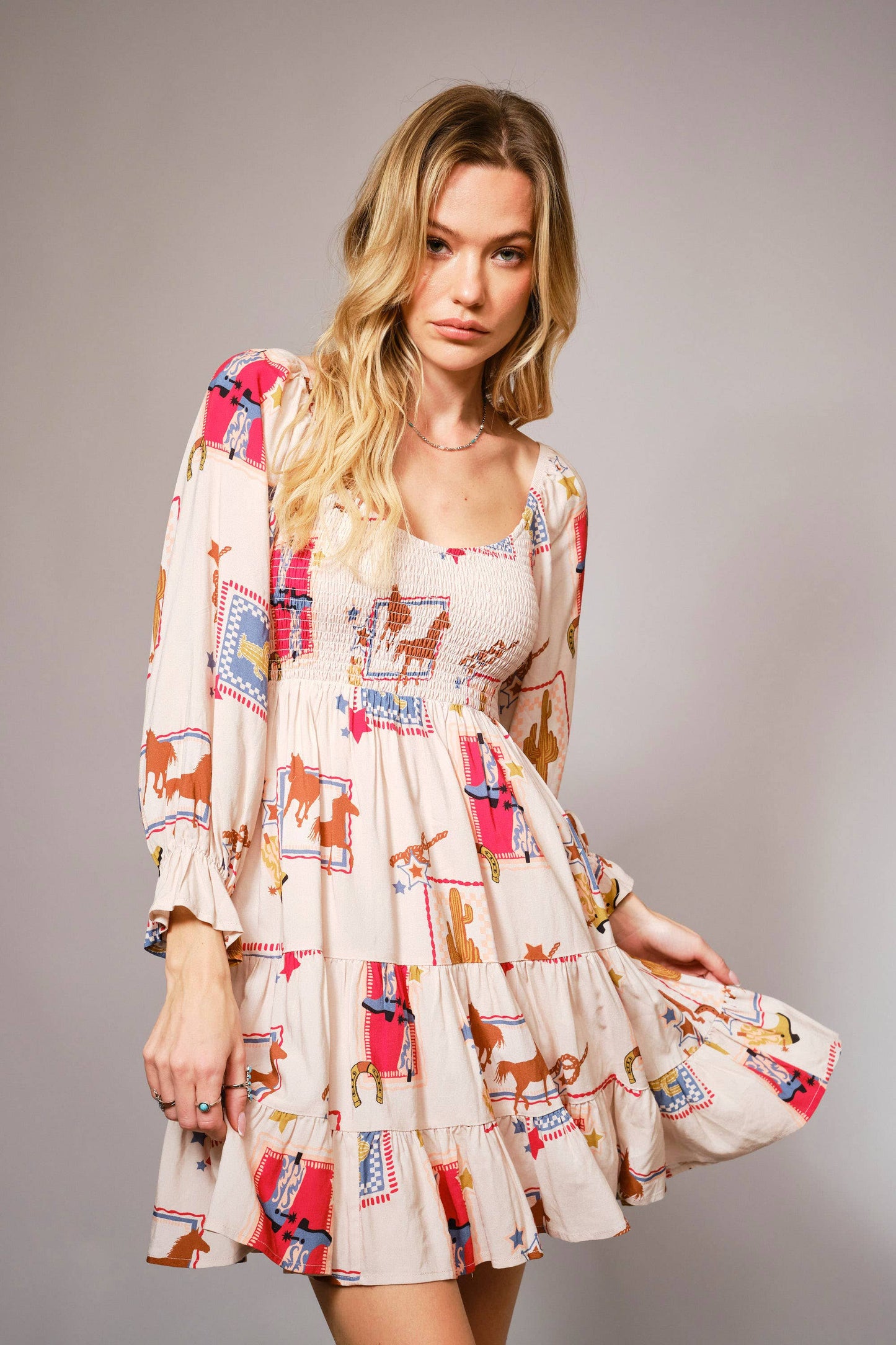 Western Motif Smocked Minidress