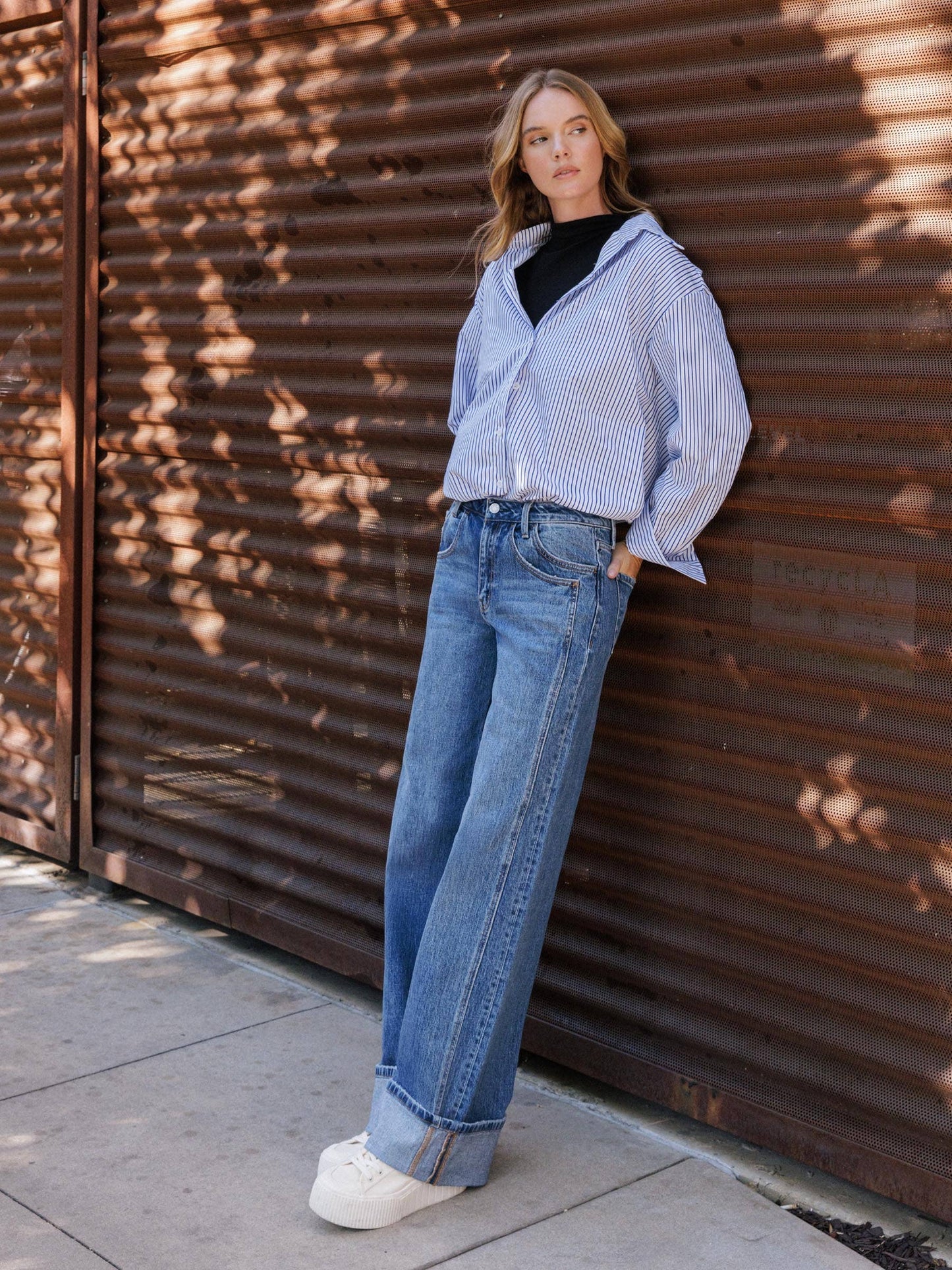 HIGH RISE CUFFED PANEL BAGGY WIDE JEANS T6645