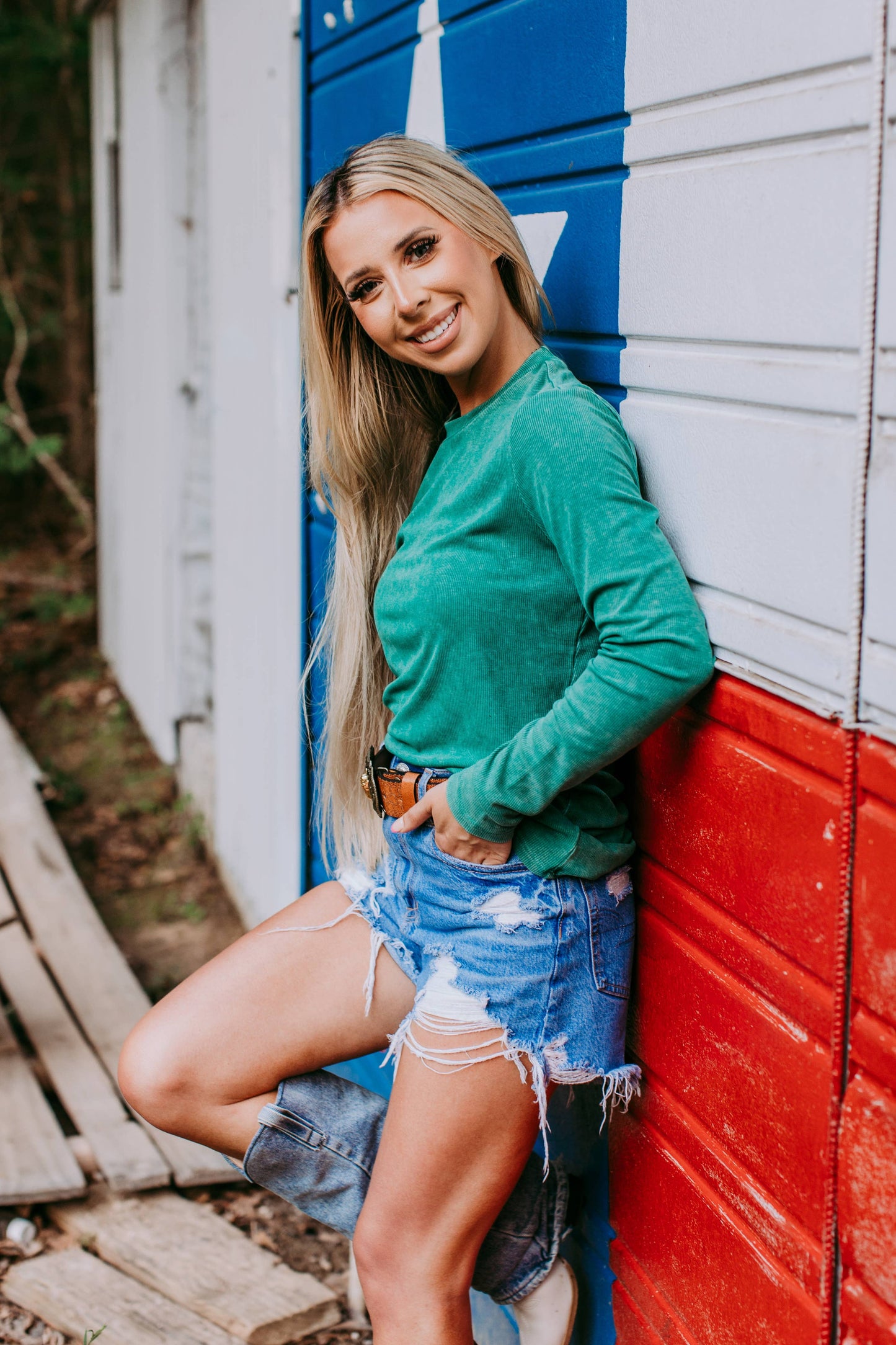 MK412 Acid Washed Ribbed LS Mock neck Top - Olive