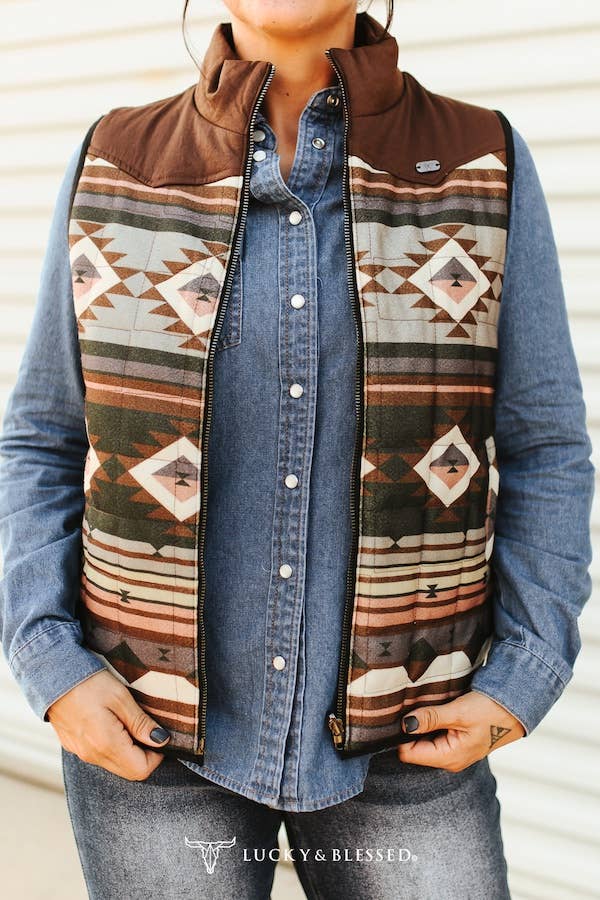 Multi Aztec Quilted Reversible Western Yoke Vest