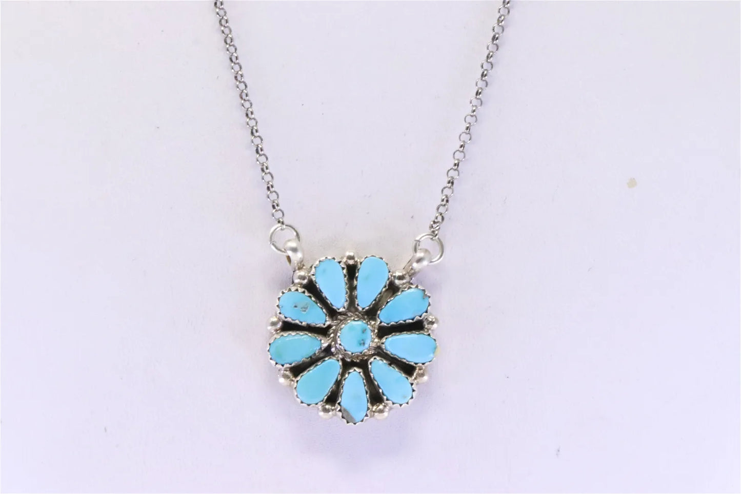 SIS AJW Handmade Sterling Silver Zuni Turquoise Petit Point Necklace