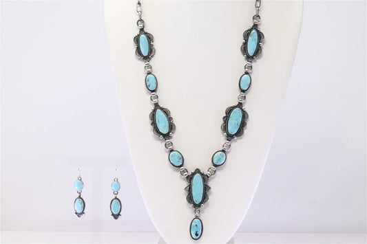 Annie Hoskie Native America Navajo Sterling Silver Turquoise Lariat & Earrings Set