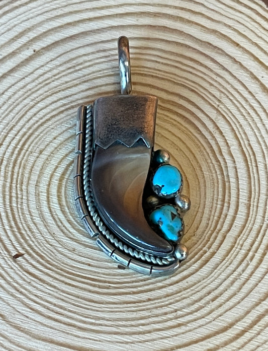 E Makers Mark Handmade Navajo Bear Claw and Sterling Pendant