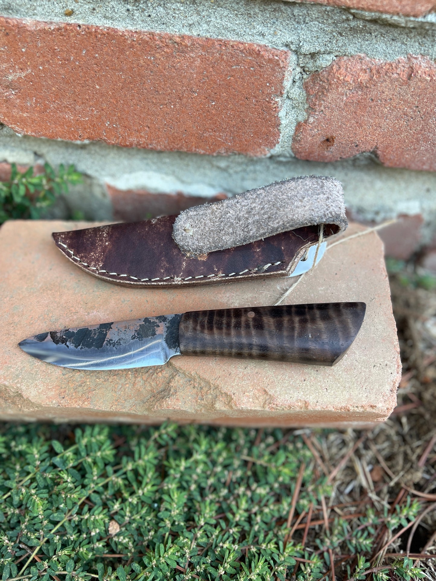 J-Dub Knives and Leatherworks Custom Handmade Knife with Curly Black Walnut Handle and Sheath