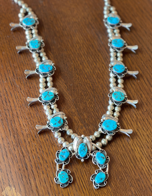 Vintage Navajo Squash Blossom Sterling Silver and Turquoise Necklace