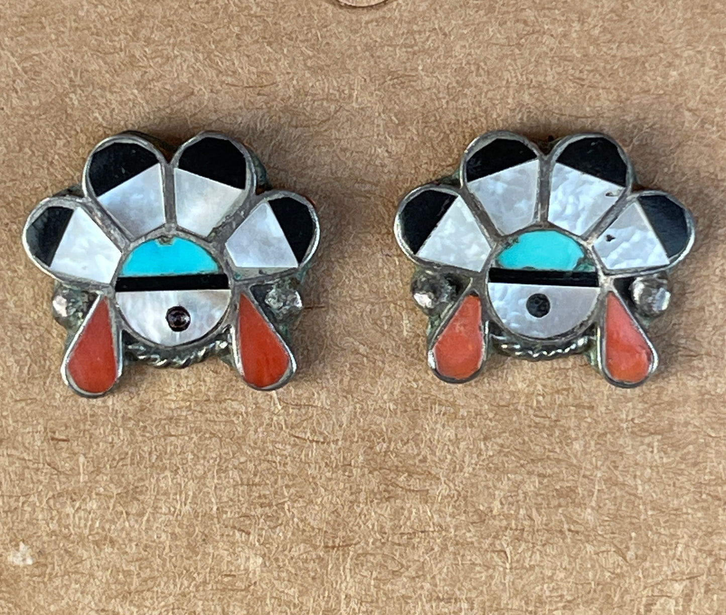 Zuni Sun Face Inlay Handmade Sterling Silver Turquoise Earrings