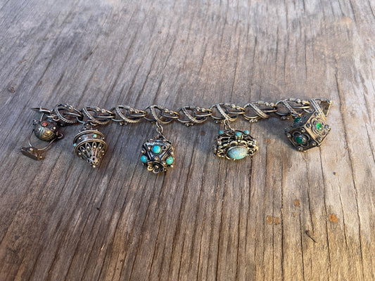 Vintage 800 Silver Etruscan Charm Bracelet 5 Charms Turquoise 7 1/2" Long