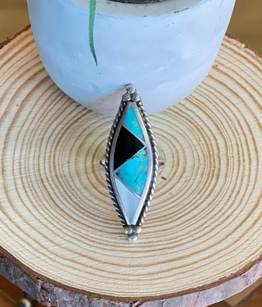 EG Acoma Navajo Sterling Silver Turquoise, Mother of Pearl, and Onyx Ring