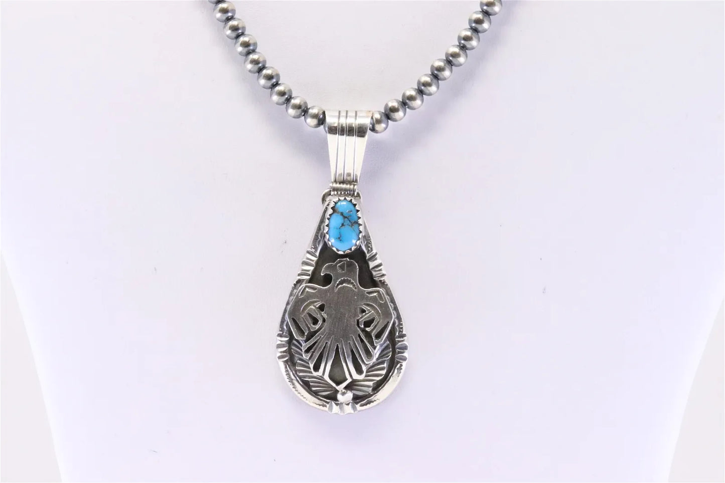 Henry Attakai Handmade Sterling Silver Thunderbird Pendant and Pearl Necklace