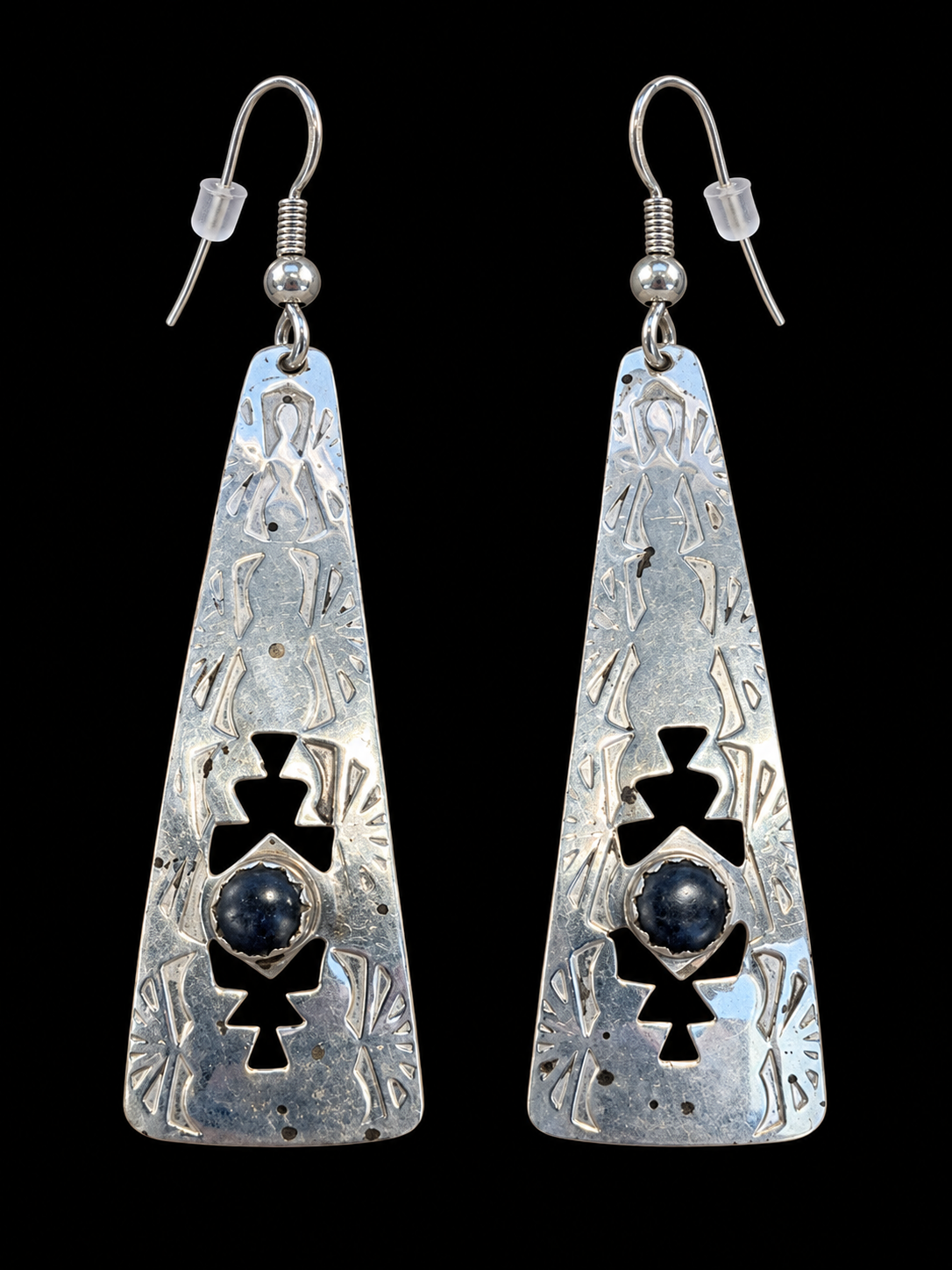 Native American Stamped & Cut-out Sterling Silver and Onyx Earrings