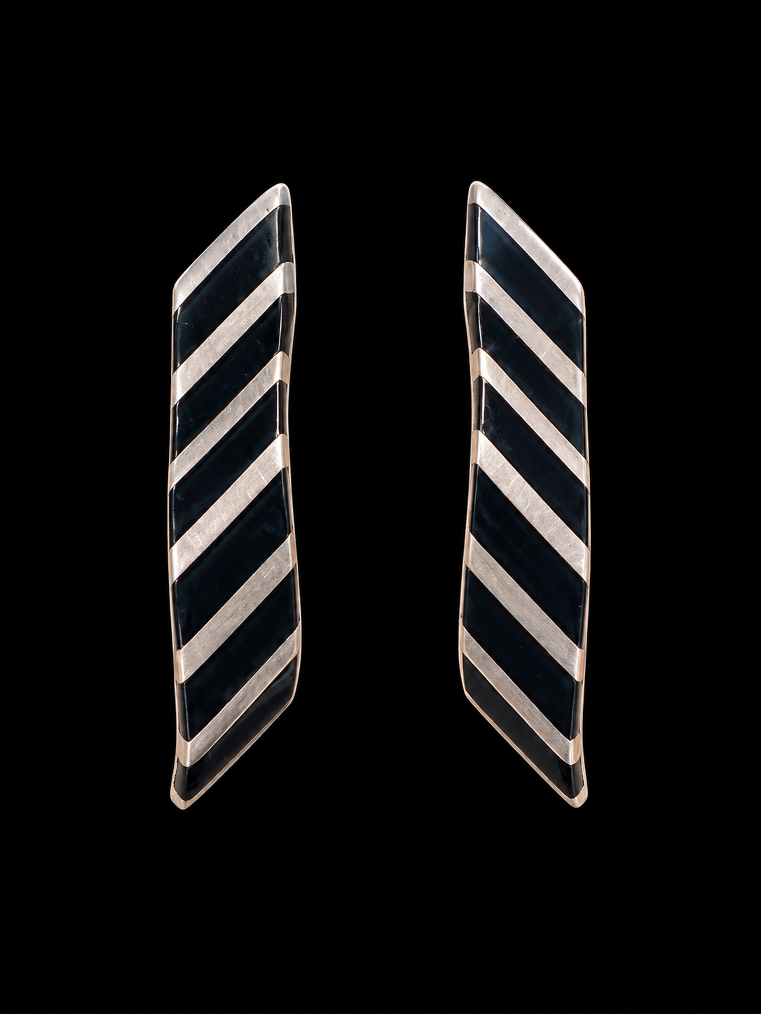 Vintage Sterling & Black Onyx Striped Earrings Marked S.A.S.