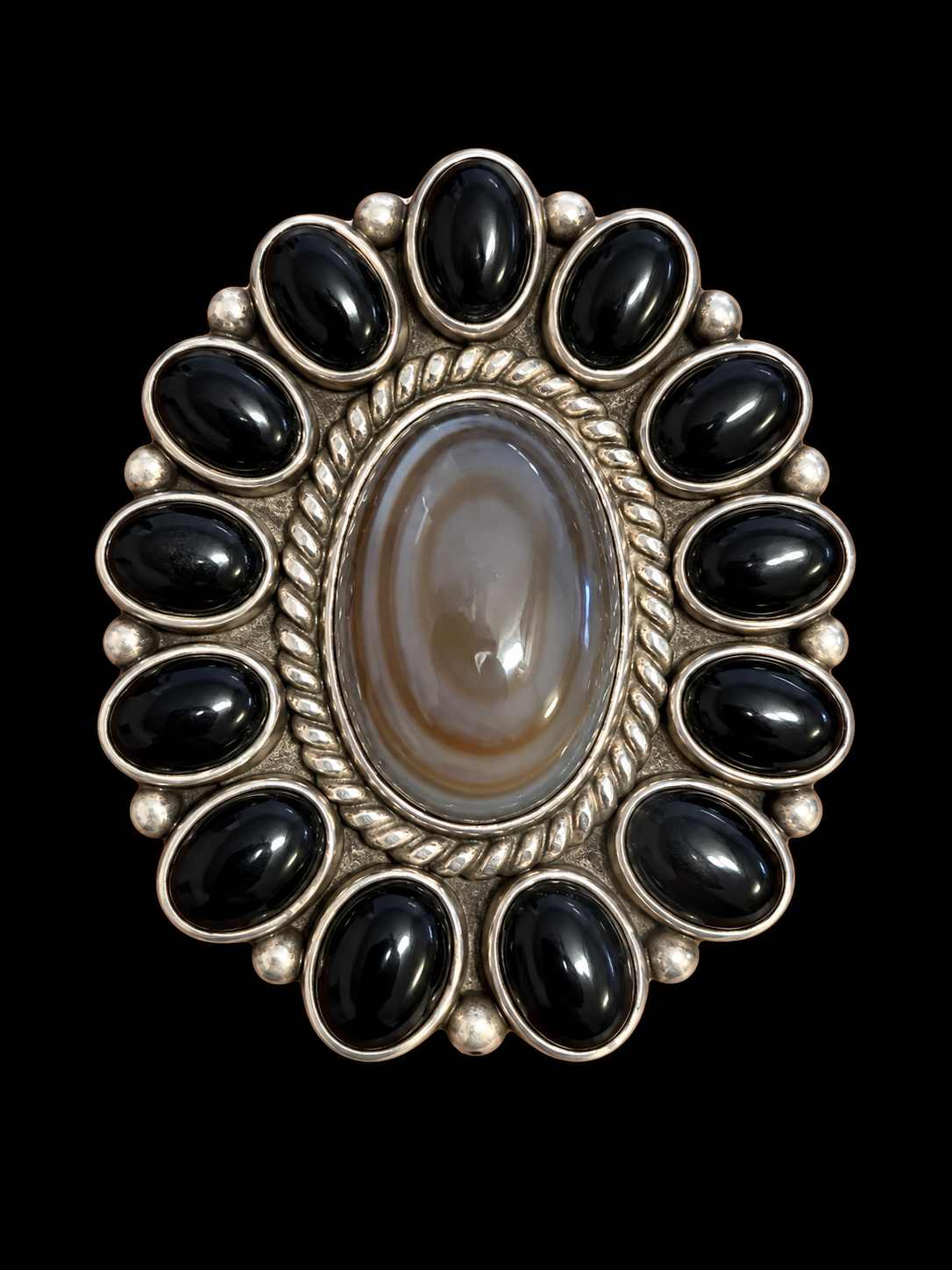 Onyx, Gray Agate and Sterling Adjustable Ring Rope Detail